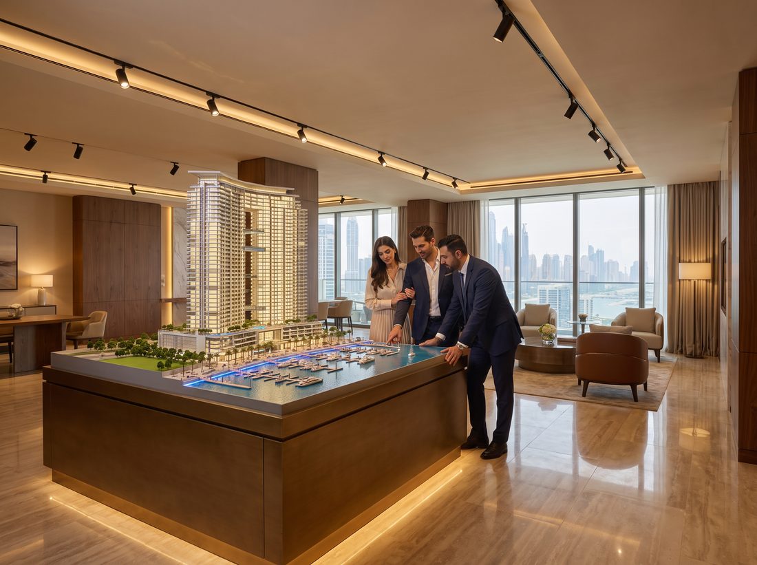 Buyers viewing a tower model in a developer sales gallery