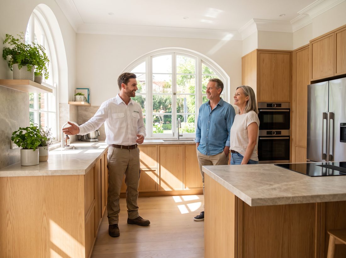 Contractor showing homeowners a renovated kitchen