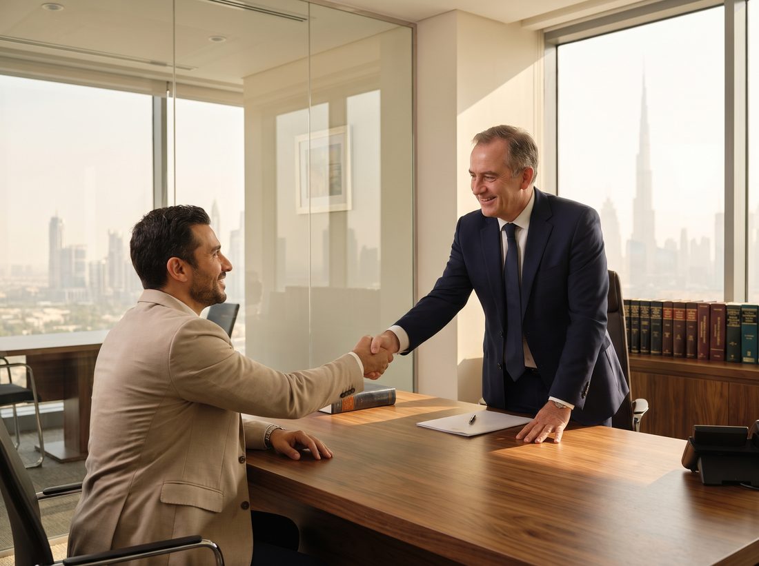 Lawyer greeting a client in a modern law office