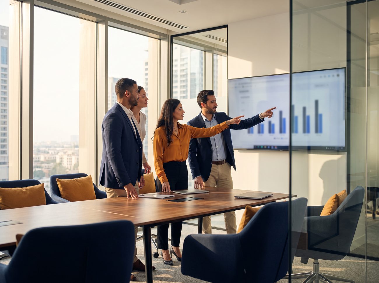 Team reviewing campaign performance in a Dubai meeting room